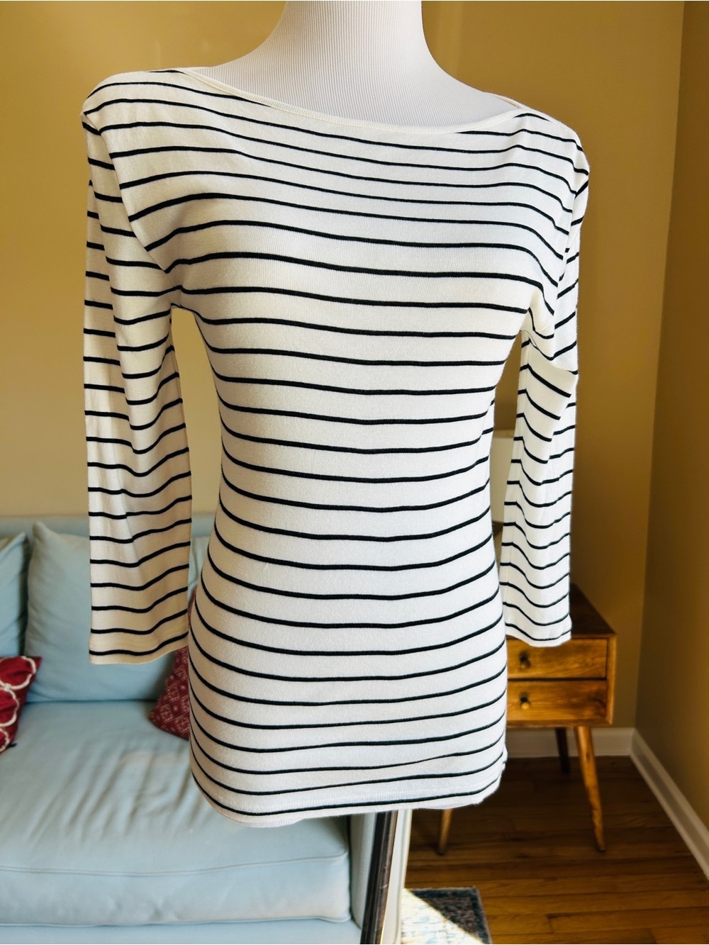 Caslon Boatneck 3/4 Sleeve Striped Top Cotton Modal Blend Cream Black Small